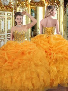 Sweetheart Sleeveless Quinceanera Dress Floor Length Beading and Ruffles Orange Organza