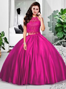 Sleeveless Floor Length Lace and Ruching Zipper Quinceanera Gowns with Fuchsia