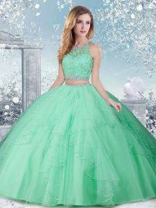 Fine Floor Length Apple Green 15th Birthday Dress High-neck Sleeveless Clasp Handle