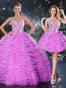 Simple Fuchsia Sleeveless Floor Length Beading and Ruffled Layers Lace Up 15th Birthday Dress