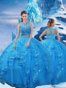 Fashionable Baby Blue Zipper Scoop Beading and Ruffles Quinceanera Dresses Tulle Sleeveless