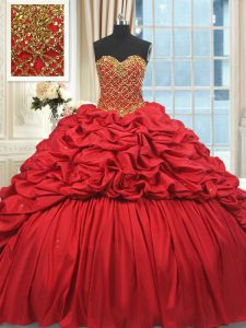 Sweetheart Sleeveless Brush Train Lace Up Sweet 16 Quinceanera Dress Red Taffeta