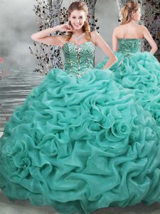 Discount Turquoise Lace Up Quinceanera Dress Beading and Pick Ups Sleeveless Brush Train
