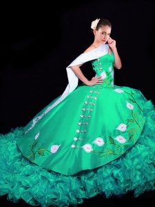 Turquoise Quinceanera Gown Organza Brush Train Sleeveless Embroidery and Ruffles