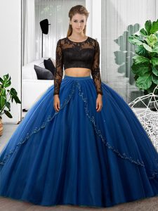 Luxurious Blue Two Pieces Tulle Scoop Long Sleeves Lace and Ruching Floor Length Backless Quinceanera Dress