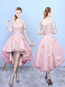 Baby Pink Dama Dress Prom and Party and Wedding Party with Lace Off The Shoulder Short Sleeves Lace Up