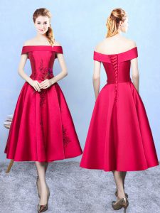 Edgy Wine Red Taffeta Lace Up Off The Shoulder Cap Sleeves Tea Length Dama Dress for Quinceanera Appliques