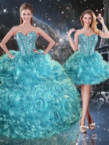 Floor Length Lace Up Quinceanera Gown Aqua Blue for Military Ball and Sweet 16 and Quinceanera with Beading and Ruffles