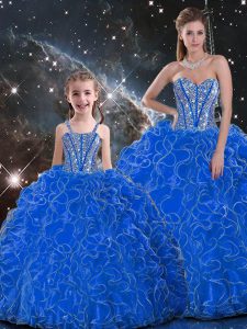 Eye-catching Organza Sweetheart Sleeveless Lace Up Beading and Ruffles Sweet 16 Dresses in Blue