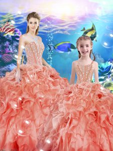 Romantic Watermelon Red Sweetheart Lace Up Beading and Ruffles Sweet 16 Quinceanera Dress Sleeveless