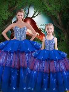 High Quality Blue Quinceanera Gown Military Ball and Sweet 16 and Quinceanera with Beading and Ruffled Layers Sweetheart Sleeveless Lace Up