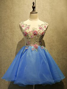 Sleeveless Organza Mini Length Lace Up Prom Party Dress in Blue with Embroidery