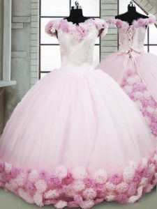 Sleeveless Brush Train Hand Made Flower Lace Up 15th Birthday Dress