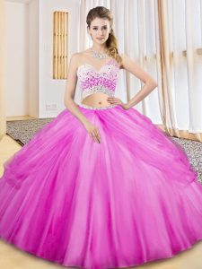 Graceful One Shoulder Sleeveless Quinceanera Gowns Floor Length Beading and Ruching and Pick Ups Lilac Tulle