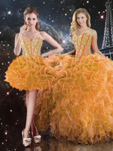 Inexpensive Orange Ball Gowns Sweetheart Sleeveless Organza Floor Length Lace Up Beading and Ruffles Quinceanera Dresses