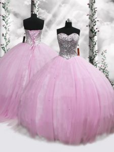 Chic Sweetheart Sleeveless Tulle Vestidos de Quinceanera Beading Brush Train Lace Up
