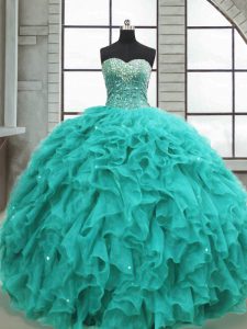 Custom Design Floor Length Ball Gowns Sleeveless Turquoise 15 Quinceanera Dress Lace Up
