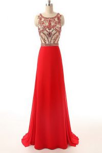 Sleeveless Chiffon Brush Train Side Zipper Prom Evening Gown in Red with Beading