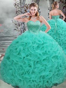 Fabric With Rolling Flowers Sleeveless Quinceanera Dress Brush Train and Beading