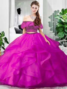 Dazzling Fuchsia Lace Up Off The Shoulder Lace and Ruffles Sweet 16 Dress Tulle Sleeveless