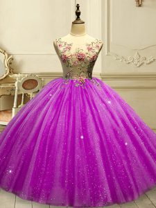Colorful Fuchsia Sleeveless Floor Length Appliques and Sequins Lace Up Sweet 16 Quinceanera Dress