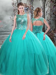 Sleeveless Floor Length Beading Lace Up Quinceanera Dresses with Turquoise