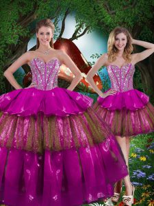 Multi-color Organza Lace Up Quinceanera Dresses Sleeveless Floor Length Beading and Ruffled Layers and Sequins