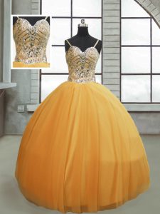 Shining Gold Ball Gowns Beading Quince Ball Gowns Lace Up Tulle Sleeveless Floor Length
