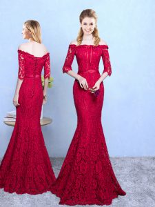 Wonderful Wine Red Quinceanera Court Dresses Prom and Party and Wedding Party with Lace Off The Shoulder Half Sleeves Lace Up