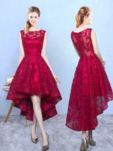 Burgundy A-line Lace Scoop Sleeveless Lace High Low Zipper Quinceanera Court of Honor Dress
