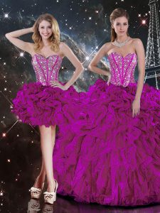 Sleeveless Floor Length Beading and Ruffles Lace Up Sweet 16 Quinceanera Dress with Fuchsia