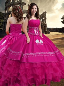 Graceful Hot Pink Zipper Quinceanera Dress Embroidery and Ruffled Layers Sleeveless Floor Length
