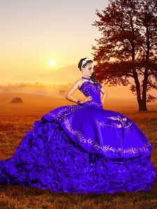 Most Popular Purple Sleeveless Embroidery and Ruffles Lace Up Quinceanera Gown