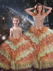 Unique Multi-color Lace Up Sweetheart Beading and Ruffled Layers and Sequins Sweet 16 Dress Organza Sleeveless