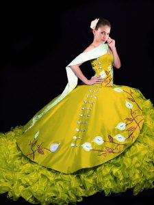 Embroidery and Ruffles Sweet 16 Quinceanera Dress Gold Lace Up Sleeveless Brush Train