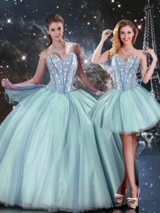 Tulle Sweetheart Sleeveless Lace Up Beading Ball Gown Prom Dress in Light Blue