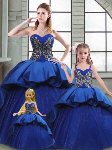 Hot Selling Sweetheart Sleeveless Court Train Lace Up Quince Ball Gowns Blue Taffeta