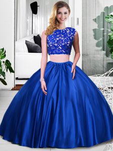 Attractive Scoop Sleeveless Quinceanera Gowns Floor Length Lace and Ruching Royal Blue Taffeta