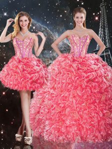 Beautiful Floor Length Lace Up 15th Birthday Dress Coral Red for Military Ball and Sweet 16 and Quinceanera with Beading and Ruffles
