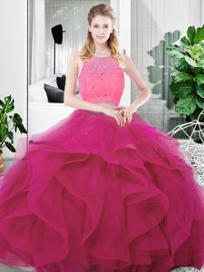 Hot Selling Floor Length Fuchsia Quinceanera Gown Tulle Sleeveless Lace and Ruffles