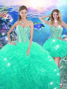 Fantastic Organza Sweetheart Sleeveless Lace Up Beading and Ruffles Quinceanera Gowns in Turquoise