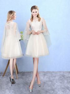 Champagne Tulle Lace Up Square Half Sleeves Knee Length Dama Dress for Quinceanera Lace
