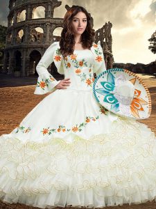 White Long Sleeves Embroidery and Ruffled Layers Floor Length Quinceanera Dress