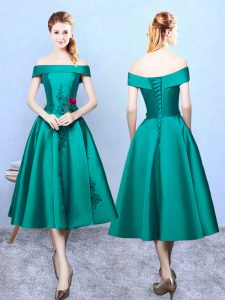 Tea Length A-line Sleeveless Dark Green Quinceanera Court of Honor Dress Lace Up