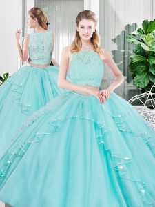 Aqua Blue Zipper Scoop Lace and Ruffled Layers Quinceanera Gowns Tulle Sleeveless