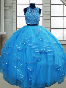 Baby Blue Tulle Lace Up Sweet 16 Dresses Sleeveless Floor Length Beading and Ruffles