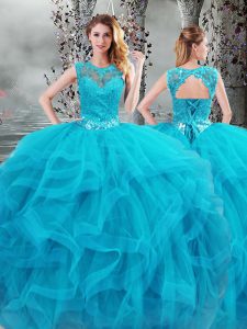 Inexpensive Baby Blue Tulle Lace Up Scoop Sleeveless Floor Length Quinceanera Gown Beading and Ruffles