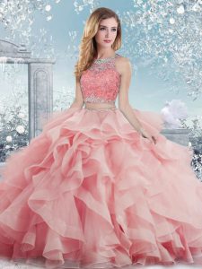 Stylish Scoop Sleeveless Clasp Handle 15 Quinceanera Dress Baby Pink Satin