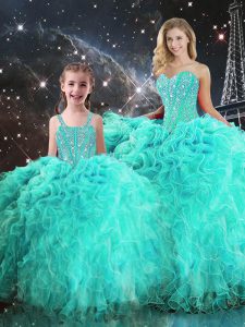 Latest Floor Length Lace Up 15 Quinceanera Dress Turquoise for Military Ball and Sweet 16 and Quinceanera with Beading and Ruffles