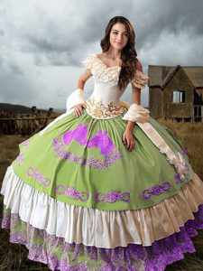 Hot Selling Taffeta Off The Shoulder Sleeveless Brush Train Lace Up Embroidery and Ruffled Layers Quinceanera Gowns in Multi-color